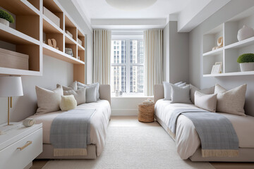 Fototapeta premium Modern shared kids room with two beds, symmetrical layout, neutral palette, smart storage solutions, stylish and functional design