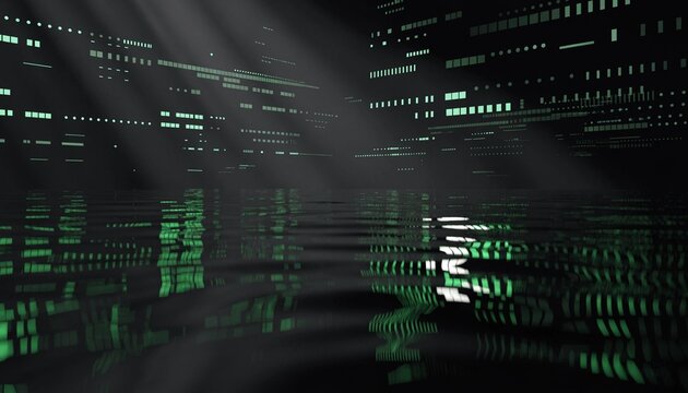 Mysterious deep web background featuring a dark water surface with glowing green digital code and binary sequences reflecting on the ripples, symbolizing cyber security and data privacy.