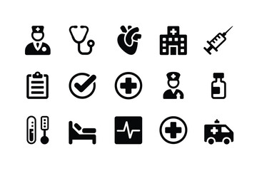 Fototapeta premium Set of 15 Black Medical Healthcare Icons Vector