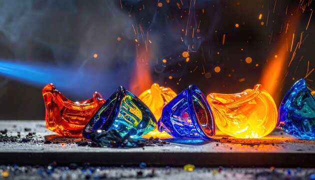 Vibrant molten glass art pieces fused in a glowing kiln with intense heat and sparks