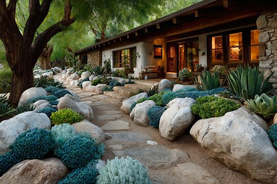 A picturesque desert garden path leading to a beautiful Southwestern-style home, illuminated warmly at dusk, creating a tranquil oasis.
