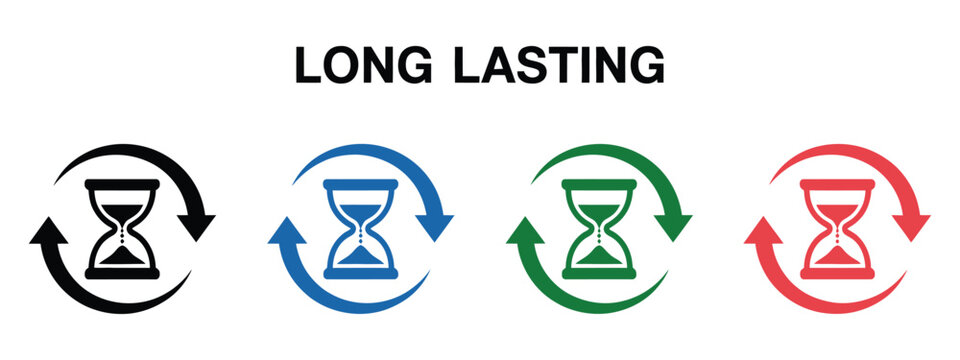 Long Lasting Battery Life Concept with Hourglass Progress Indicators, Energy Saving Symbols, Flat Style Design, and Battery Duration Visualization Graphics.