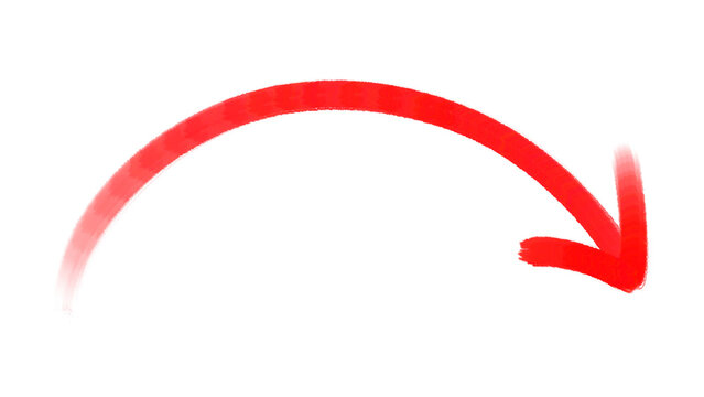 Red hand drawn curved arrow pointing downwards on transparent background. Creative doodle line pointer element perfect for financial statistics, websites, or presentation slides.