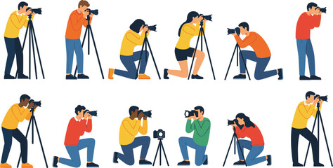 Fototapeta premium Professional Photographers and Paparazzi Vector Characters in Different Poses with Cameras and Tripods for Media Journalism Press and Photo Studio Designs