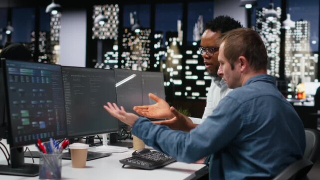Engineering team in Silicon Valley company office developing apps with AI. Teamworking colleagues using machine learning to do coding, debugging applications to resolve issues for coding workflows.