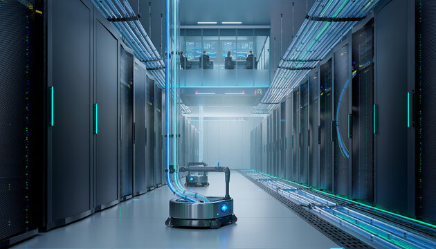 Autonomous maintenance robot working inside a modern high tech server room data center.