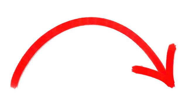 Red curved arrow pointing down isolated on transparent background. Hand drawn doodle arc pointer element for presentation slides, financial charts, or digital design projects.