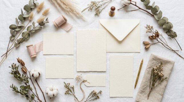 Blank wedding stationery mockup with handmade paper cards and envelopes. Flat lay of bohemian event invitation set with dried flowers and ribbon. Elegant wedding planning concept.