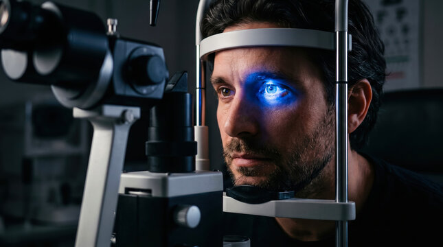 A man sits in an eye doctor's office while a technician uses a machine to check his vision. The light from the device shines into his eye for assessment