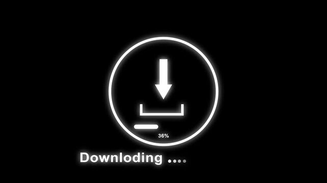 Neon download icon with system progress bar and text. Cloud storage symbol for data transfer loading status. Digital download animation for computer network.