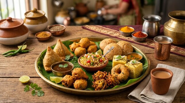 Indian street food platter with samosa, pakora, vada, dhokla and bhel puri served on banana leaf. Traditional home cooked meal for authentic cultural dining and festive snack event.