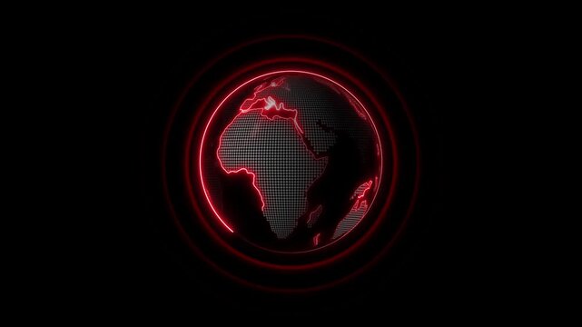 Red neon ring flashing around a digital globe model. Global danger symbol for international threat network surveillance. Digital globe animation for world safety alert.