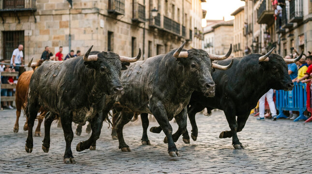 Detalle de toros en movimiento durante un encierro tradicional.