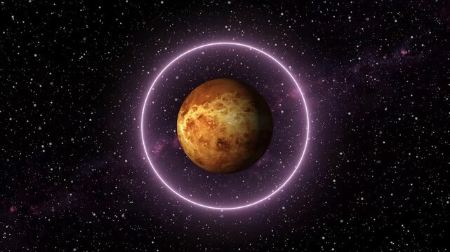 Planet Venus model rotating with purple neon orbit ring. Planet Venus for solar system cosmic astronomy simulation study. Digital Venus animation for deep space science.