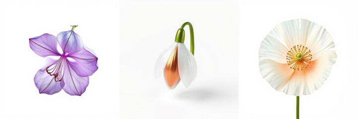 Obraz premium Floral composition showcases three distinct blooms. Purple flower, snowdrop, orange poppy present delicate beauty. Simple backgrounds emphasize petals.