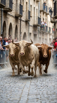 Detalle de toros en movimiento durante un encierro tradicional.