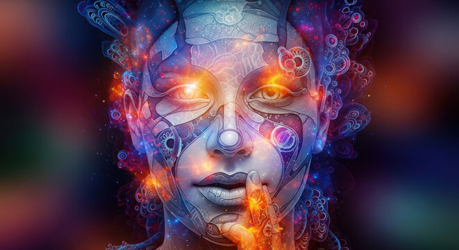 Abstract human face portrait with glowing digital particles and bright lights in a dark mysterious space environment