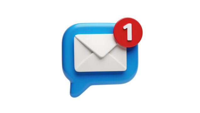 Blue speech bubble with white envelope and red notification badge with number 1
