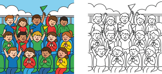 Obraz premium Diverse Group of Happy Children Cheering in Stadium Stands with Flags and Coloring Page Version Vector Illustration