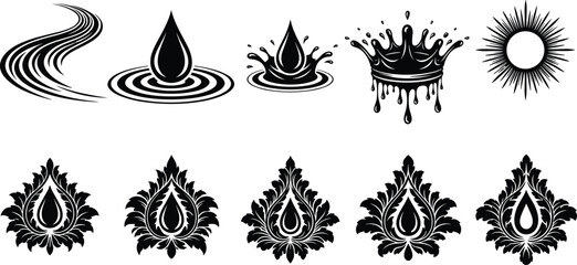 Water droplet and floral motif vector icons, decorative black line designs with splash, ripple, and sunburst elements for creative artwork © MD AMINUR