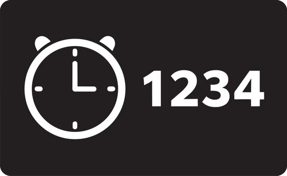 Minimalist rectangular sign featuring a clock icon and the number 1234 in a bold white silhouette design on transparent background