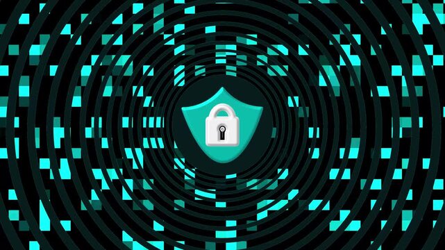 Cyan shield lock icon within circular digital interface shield. Cybersecurity protection symbol for server database file encryption. Digital shield lock animation for privacy safety.