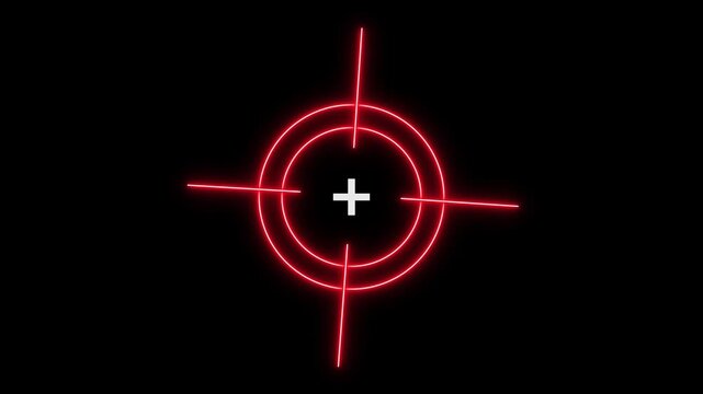 Red neon crosshair target reticle focus symbol on black. Weapon aim symbol for tactical cockpit navigation display. Digital crosshair target animation for sci-fi interface.