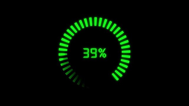 Green loading circle with twenty three percent progress indicator. Circular loading indicator for digital web data sync update. Digital loading circle animation for tech monitor.