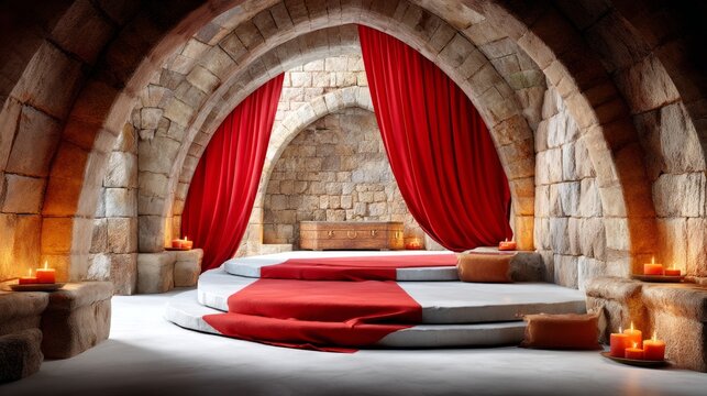 Ancient stone arch room with red curtain and candlelight ambiance