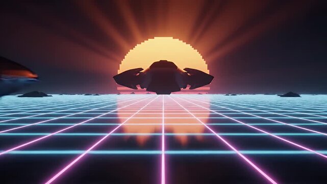 Retro-futuristic spaceship flies towards a pixelated sunset over a neon grid landscape.