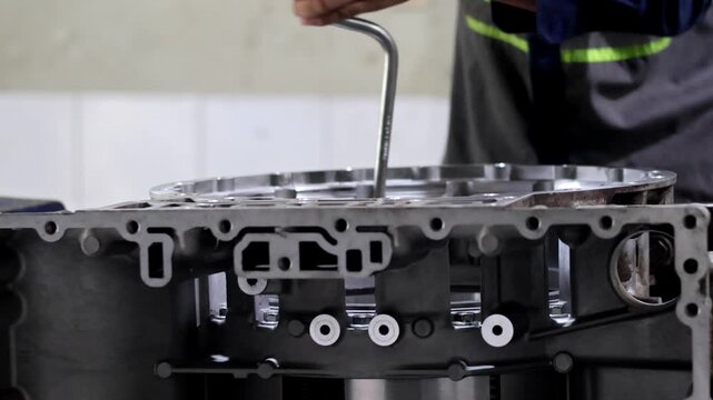 Mechanic using a socket wrench tool to tighten bolts on an automatic transmission casing during a gearbox rebuild service.