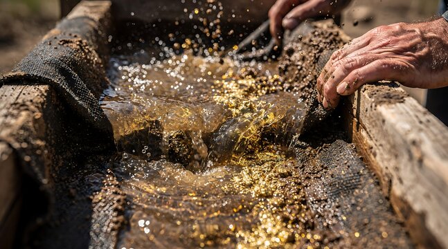 Gold prospector washing river gravel in a wooden sluice box.