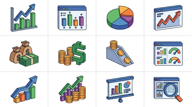 Financial Data Charts and Graphs Icons Set.