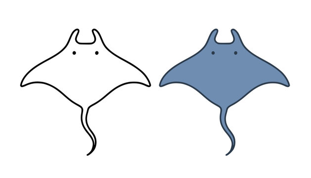 Manta ray illustration, line art and colored icon, for coloring page
