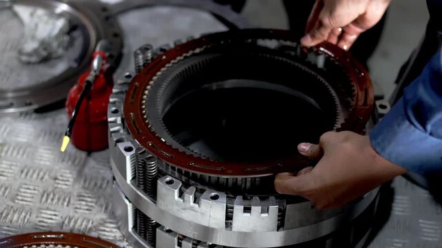 Mechanic pouring transmission fluid onto a newly installed friction plate in a gearbox clutch drum component during overhaul.