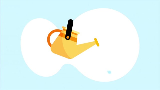 Gardening watering can animation dripping a small drop of water on an isolated clean blue background graphic.