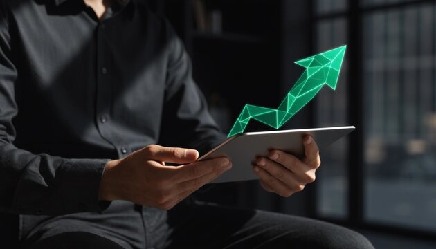 Business professional holding a blank tablet with a glowing green holographic arrow rising above the screen, symbolizing growth, progress, investment success, and digital innovation