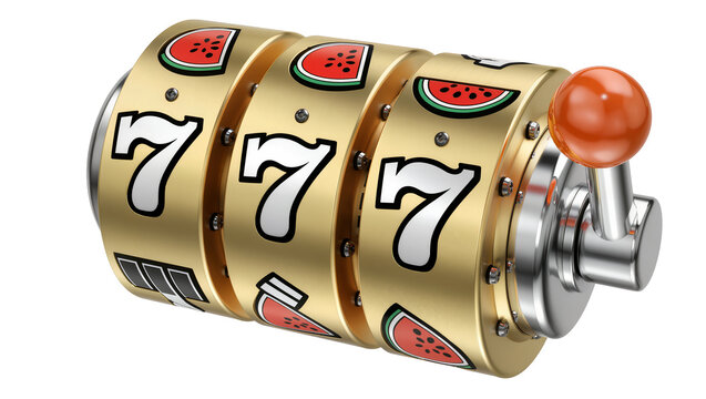 Golden slot machine reels with sevens and watermelons