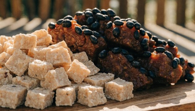 Traditional Brazilian Festa Junina sweet treats including pacoca and pe de moleque beautifully arranged on a rustic wooden board, celebrating the colorful and delicious flavors of June festivals.