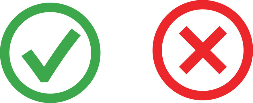 Approval and rejection icon illustration set, green check mark and red X symbols showing correctness and incorrectness - flat vector illustration