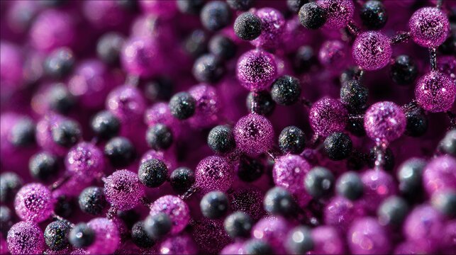 Closeup purple carbon nanoparticle texture showcasing granulated spherical beads with porous glossy surface, falsecolor microscopy imaging in research lab setting for supercapacitor electrode