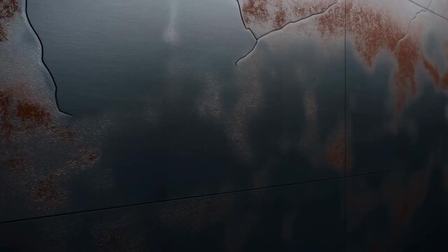 Abstract rusty metal wall with gradual crack patterns and shadows