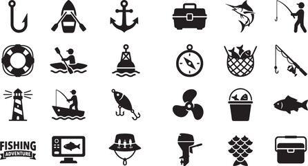 Fishing Adventure and Marine Sport Silhouette Icon Set – Fisherman, Boat and Nautical Gear Vector Collection   © Open Expression