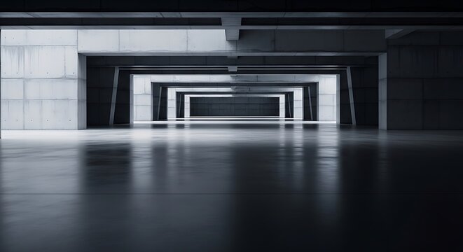 A dark industrial background with a minimalist interior view of a large empty space and rectangular corridors in perspective