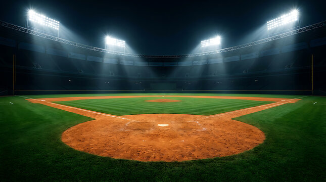 Empty baseball stadium field at night illuminated by bright floodlights, professional sports arena background
