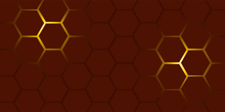 Dark red hexagon abstract technology background with orange and red colored bright flashes under hexagon. Hexagonal gaming vector abstract.
