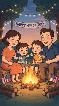 Cute cartoon family enjoying marshmallows and patriotic details during a warm Independence Day night