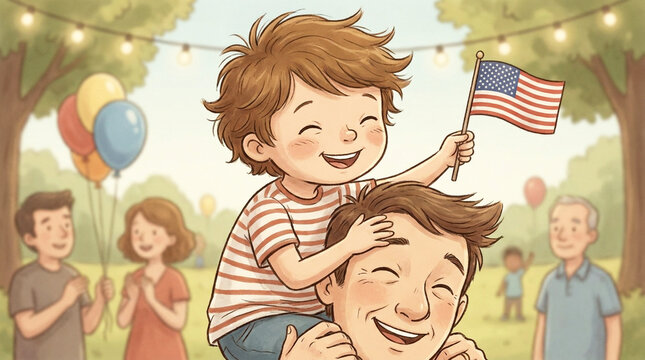 Cute cartoon family close up with a happy child riding on shoulders during patriotic celebration