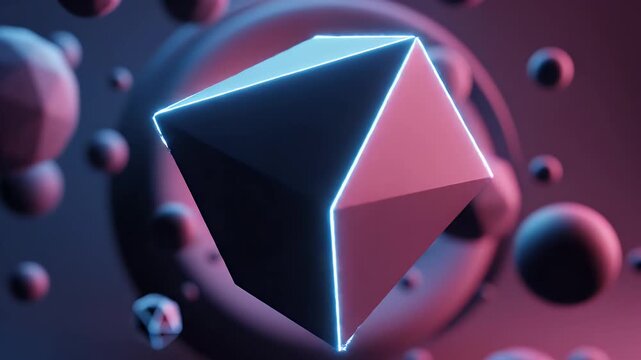 A neon-outlined cube floats among dark, geometric shapes and spheres under moody lighting.