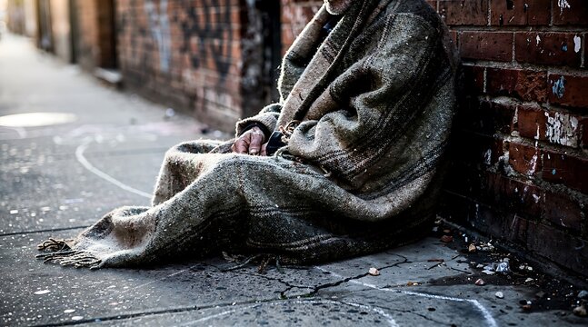 Homeless person sitting on a sidewalk covered in a blanket.
